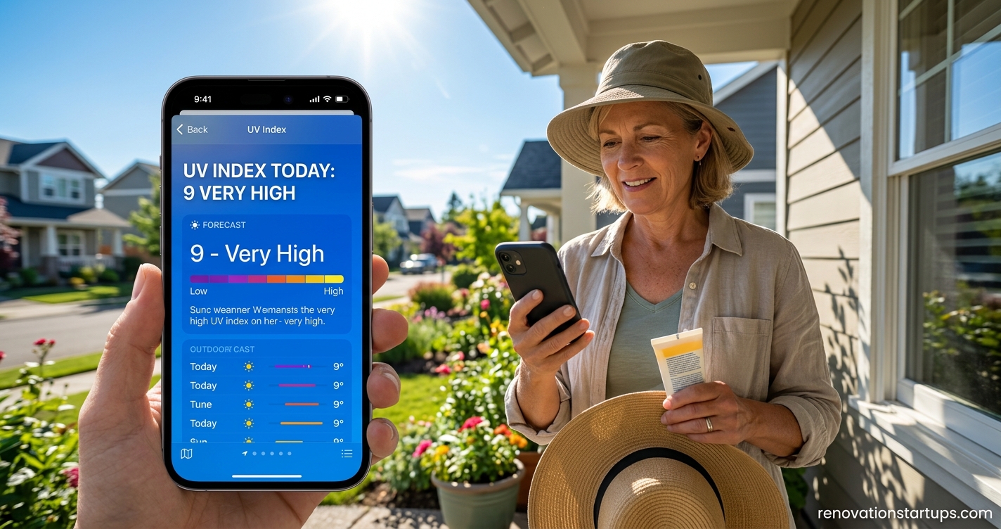 Person checking what is the uv index today on a smartphone weather app outdoors on a sunny day, holding sunscreen and a sun hat for UV protection.