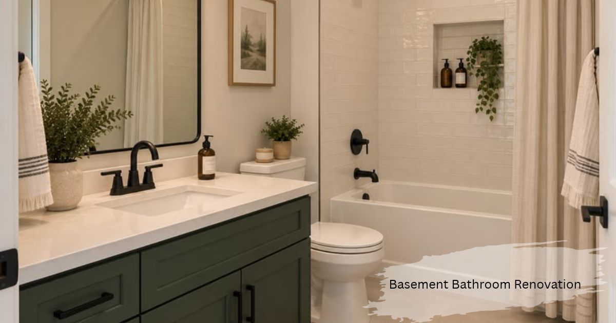 Basement bathroom renovation with a green vanity, black fixtures, and a white subway tile tub shower