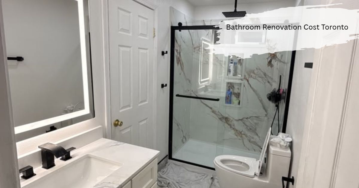 Bathroom renovation cost Toronto example showing a modern bathroom with a marble-look glass shower, black fixtures and an LED mirror vanity
