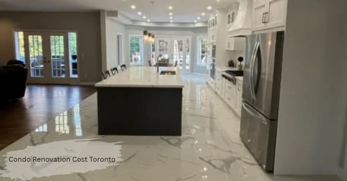 Condo renovation cost Toronto: modern open kitchen with white cabinets, large island and glossy marble-look tile floor