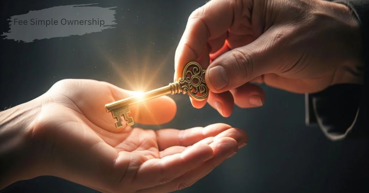 Hand holding a glowing golden key over another hand, with "Fee Simple Ownership"