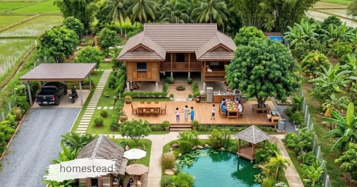 Aerial view of a wooden homestead with garden, pond, and gazebo surrounded by tropical trees.