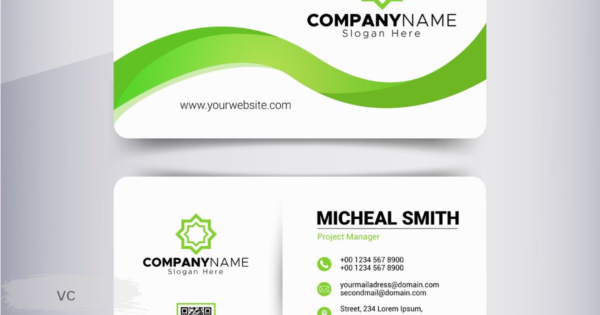 Green and white vc business card design with a wavy pattern, company logo, contact details and QR code