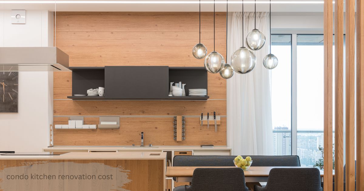Modern condo kitchen renovation cost with wood panel backsplash, black wall cabinet, and glass globe pendant lights