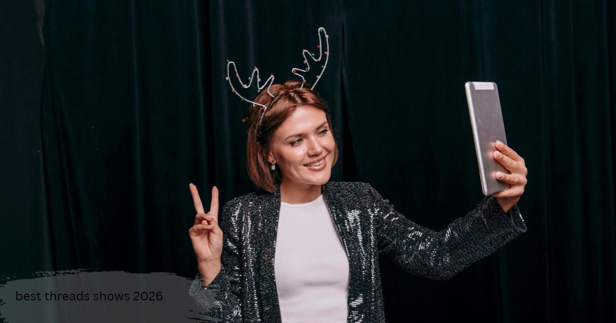 Alt text: smiling woman in a sparkly jacket taking a tablet selfie while planning the best threads shows 2026 watchlist