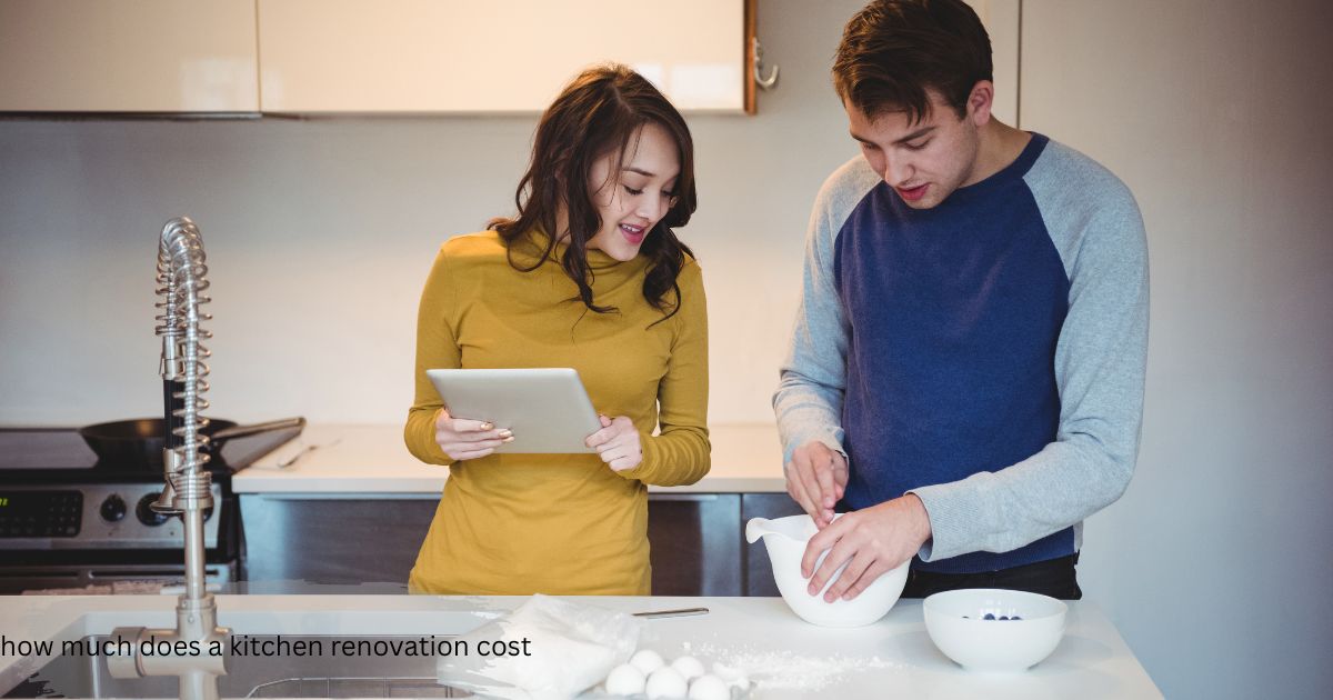 Smiling woman holding how much does a kitchen renovation cost a tablet to check a budget while her partner mixes ingredients in a bowl at a bright kitchen counter, planning how much a kitchen renovation costs