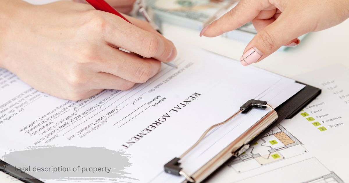 Person signing a rental agreement with a pen, pointing at a property document with floor plan sketches in the background, representing the legal description of property in a real estate contract.