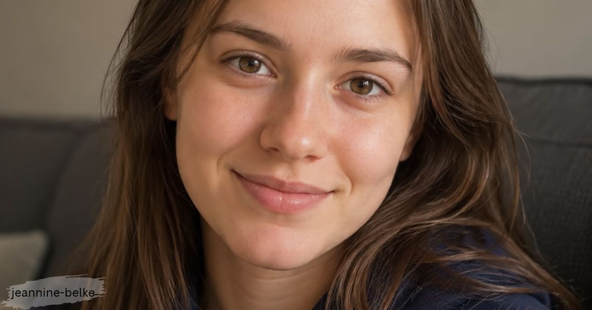 Smiling woman with long brown hair on a gray couch, with a jeannine-belke watermark